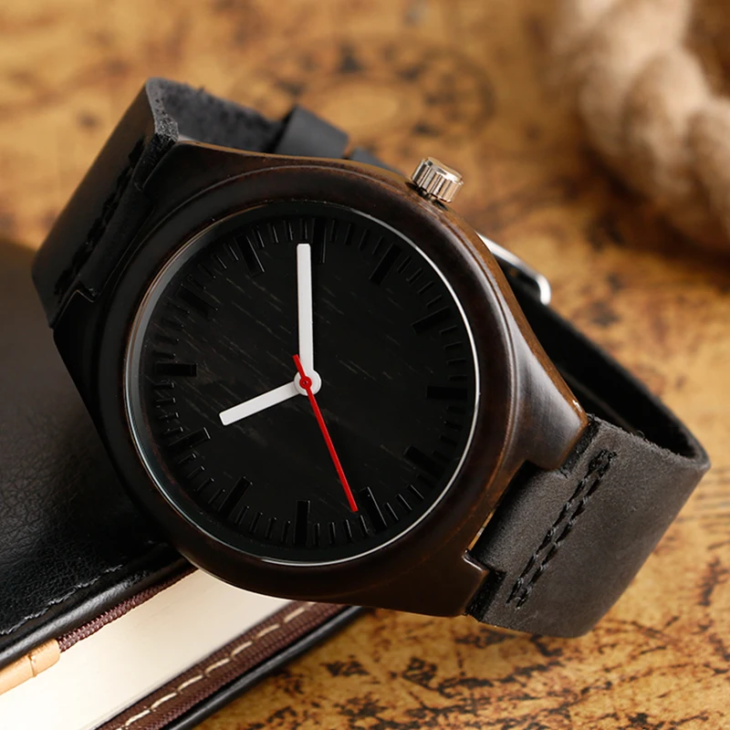 Крутые темно коричневые деревянные часы с черным ремешком из натуральной кожи