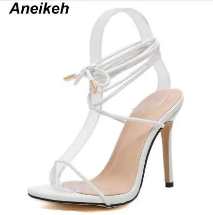 Aneikeh/ г. Элегантные босоножки из pu искусственной кожи женские офисные модельные туфли на тонком высоком каблуке, с круглым носком, на шнуровке Повседневная обувь, Размеры 35-40, черный, абрикосовый, белый - Цвет: White