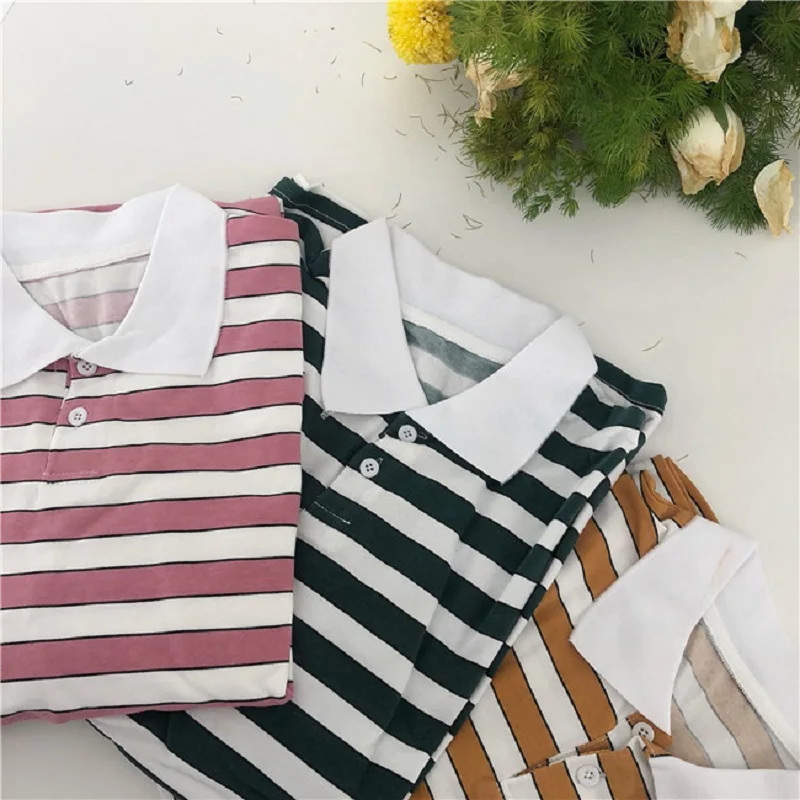 Ulzzang, летняя, с коротким рукавом, с отложным воротником, женская, большой размер, в полоску, свободная, новая, Harajuku, половина, винтажная, хлопковая футболка, топы