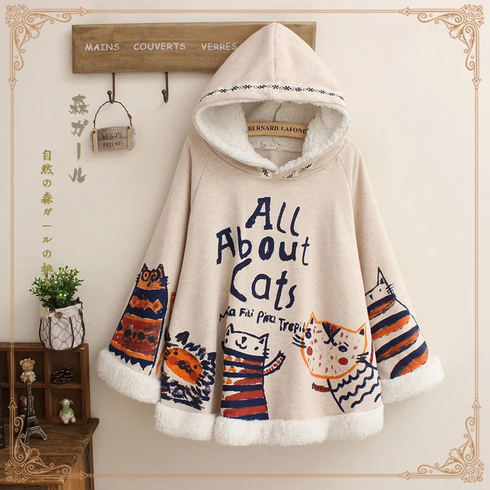 

Harajuku Cute Women Cape Coat Cartoon Cat Printing Japanese MORI GIRL Winter Hooded Sweatshirt Tops Cloak