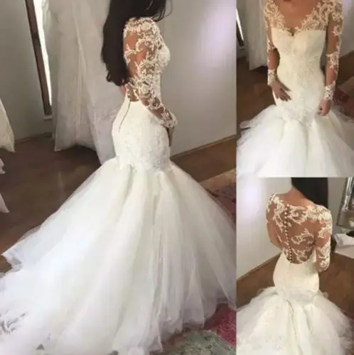 

Top Sale Illsion Back Wedding Dresses Tulle Sweep Train Lace Appliques Mermaid Custom Made Bridal Bride Dresses