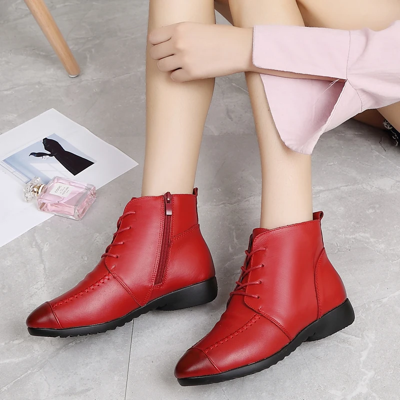 ZZPOHE Fashion Genuine Leather Women Boots Women's Soft Flat Ankle Shoes Femme Ladies Warm Snow Winter | Обувь