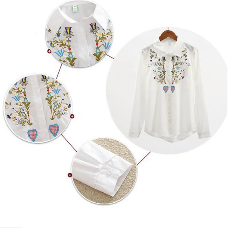 2017 Europe Top Blouse shirt Women Cotton Floral Embroidery Long Sleeve Casual Loose White tops Female |