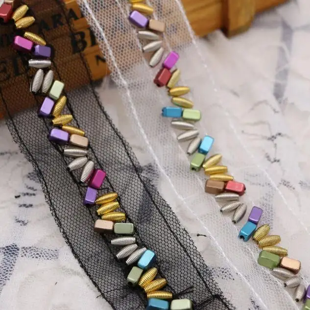 

12Yards Gold Beaded Lace Trim Vintage Mesh Fabric Handmade Colorful Beads Ribbon Belt Wedding Dress Manual DIY Dentelle Applique