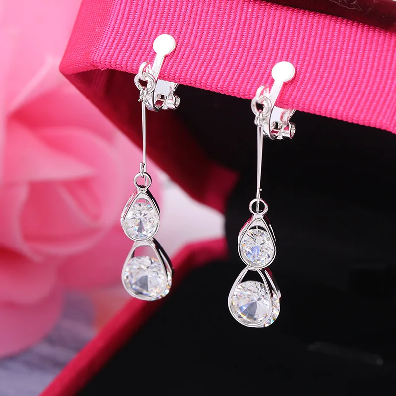 

Korean Water drop droplet clip on Earrings long Zircon Earrings ear clip non pierced earrings Korean luxury fashion jewelry