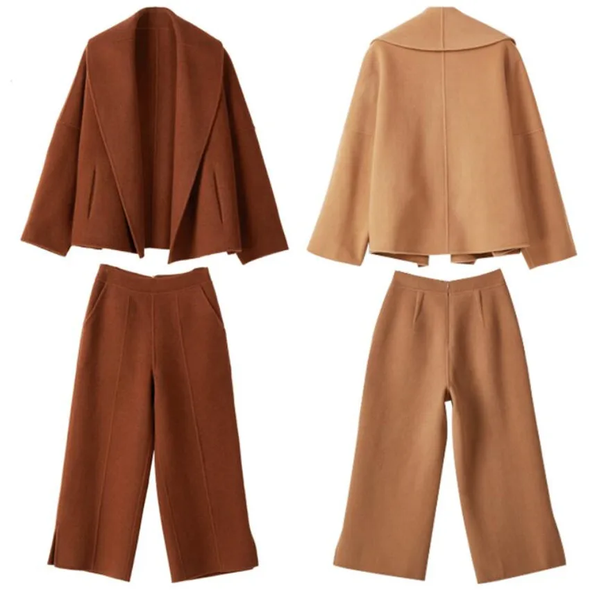 

Two Pieces Set Women Spring Autumn fashion Woolen Jacket Coat + Casual Wide Leg ankle length Pant