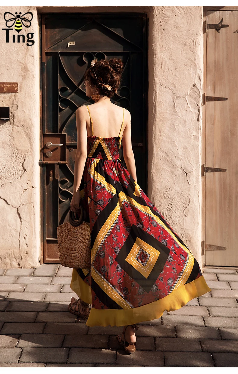 Tingfly 2019 Летнее новое платье в стиле бохо с бретелью, открытой спиной, оборками и разрезом Пляжный отдых Цветочный богемный повседневный длинный.