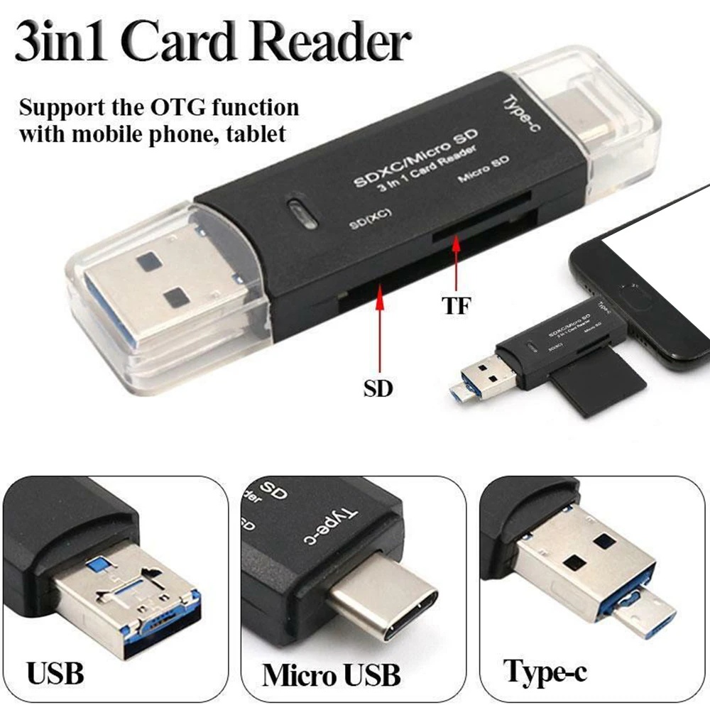 Адаптер для чтения карт памяти 3 в 1 USB Type C Micro SD OTG Разъем Macbook HUWEI Samsung телефонов