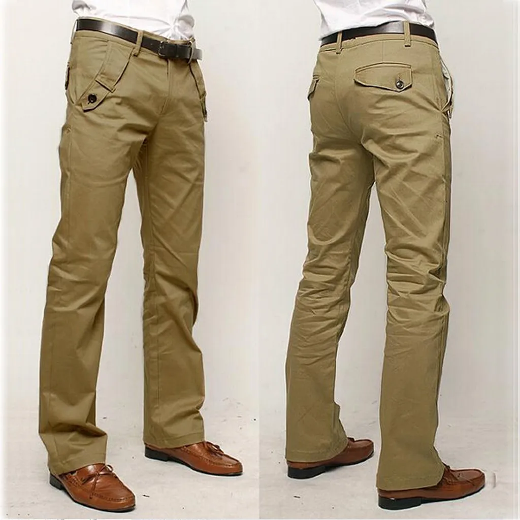 Для Мужчин's бизнес прямые брюки для девочек Slim Fit плюс размеры офис сплошной цвет брюки с большим количеством карманов Кнопка работы повседневные штаны - Цвет: Хаки