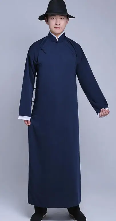 Dark blue Новое поступление мужской Чонсам китайский стиль костюм хлопок мужской мандарин пиджак длинное платье Традиционный китайский Тан костюм платье для мужчин - Цвет: Dark blue