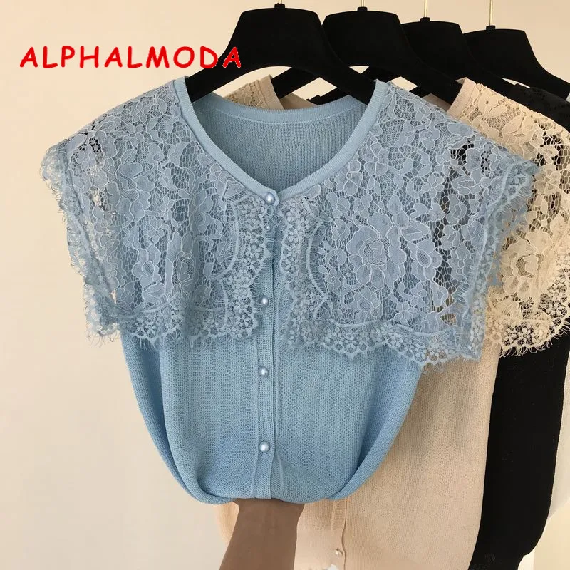 ALPHALMODA 2019 Summer New Women's Knit Lace Collar Cardigans Single Breasted Patchwork Ladies Sweet Casual Outfit |