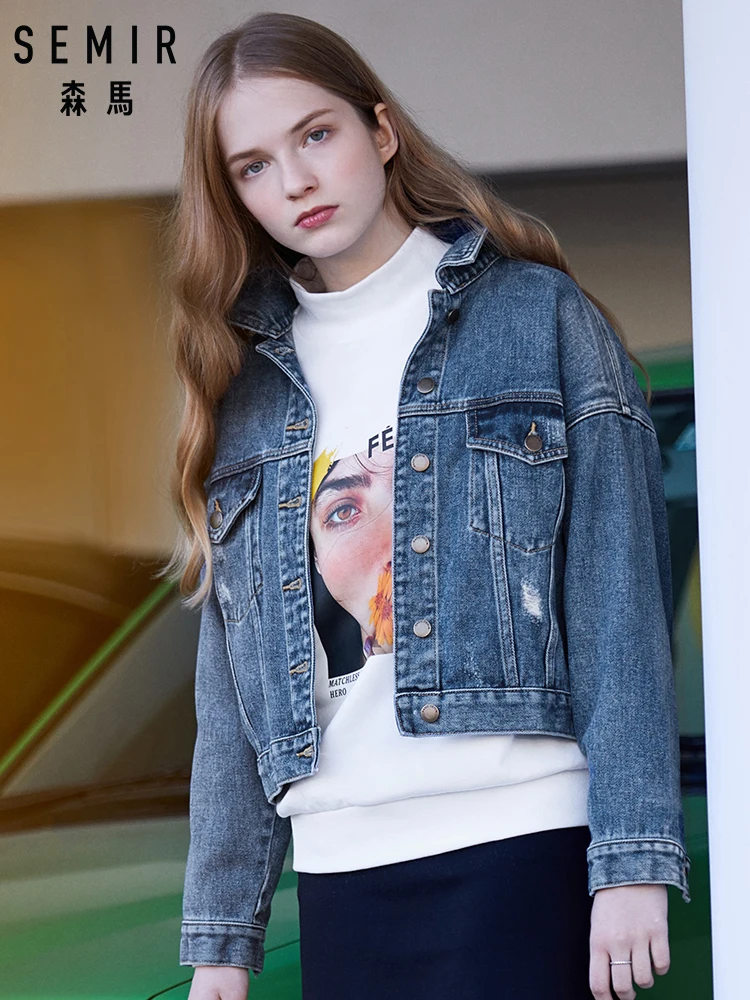Женская короткая джинсовая куртка SEMIR из 100% хлопка с воротником и нагрудным