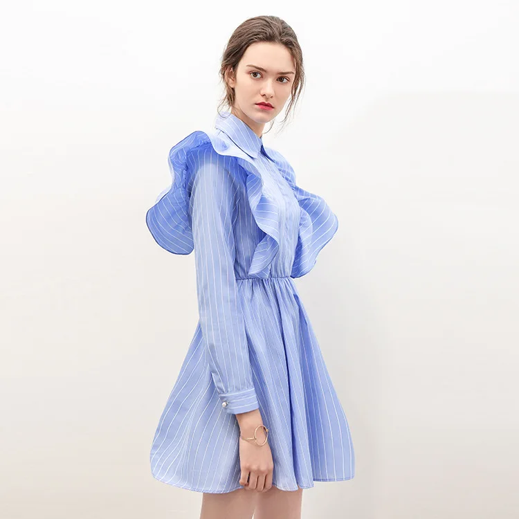 Летние женские синий платье в полоску с оборками|dresses with ruffles|dress withstriped dress |