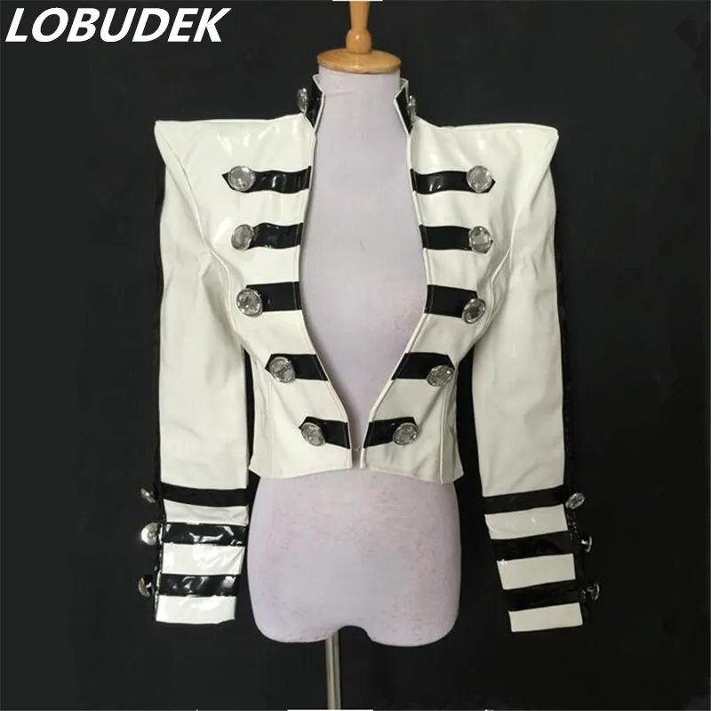 

Female leather short jacket coat tide slim outerwear prom show stage costumes white performance clothing personality bar costume