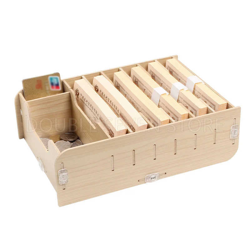 

Wooden bill coin credit card management storage box desktop office finishing grid multi cell rack shop display