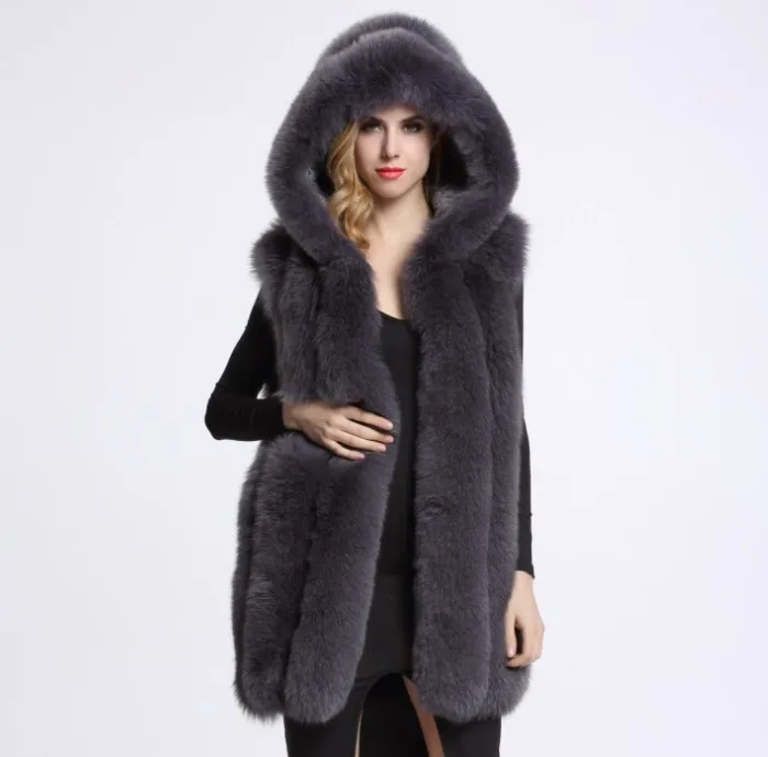 dark grey Меховой жилет имитация silver fox шуба с капюшоном жилет вертикальная полоса средней длины жилет крупных женщин размер - Цвет: dark grey
