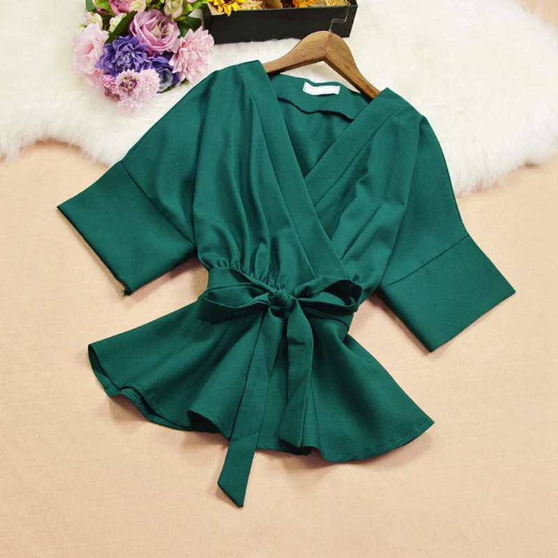 Женская блузка с баской белая шифоновая глубоким v образным вырезом кимоно