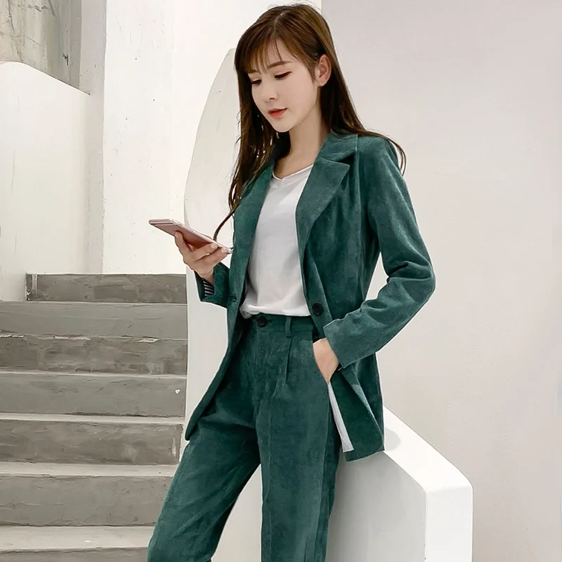 

Solid color corduroy suit suit women's wild fashion small suit high waist small feet pencil pants Slim two-piece JQ533
