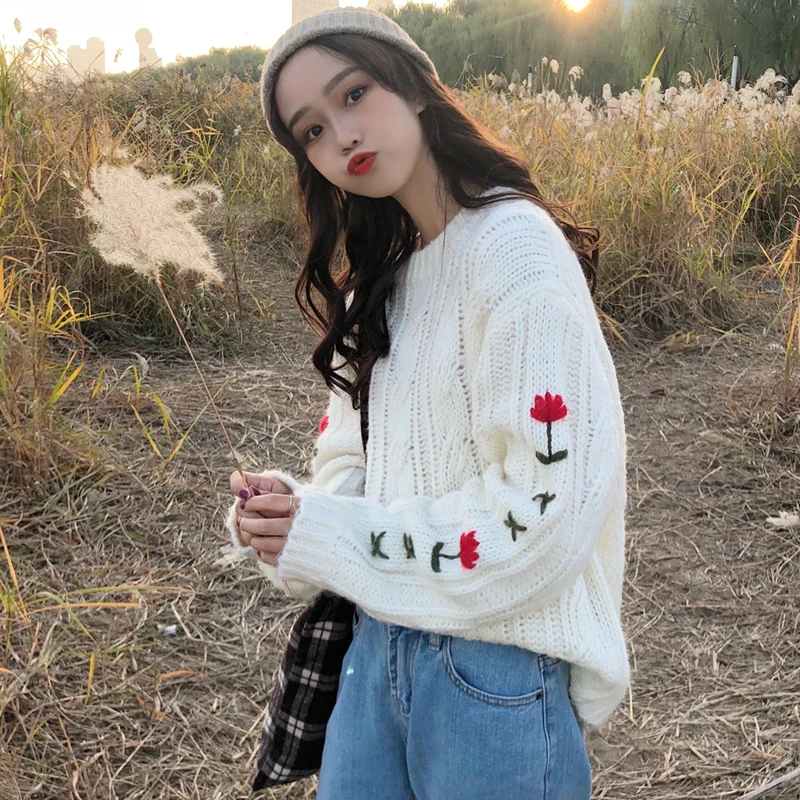 pull hiver femme 2018 fall wianter fashion harajuku long sleeve tops knitted Embroidery flowers chandail oversized sweater | Женская