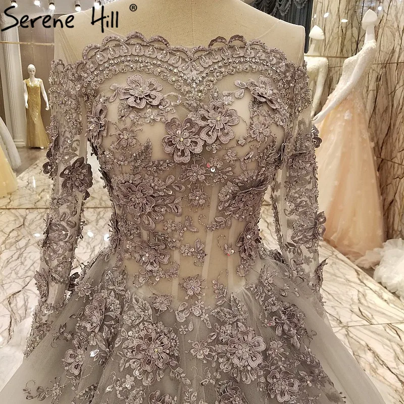 Серые с длинными рукавами 3D поток бисером Хрустальные Вечерние платья