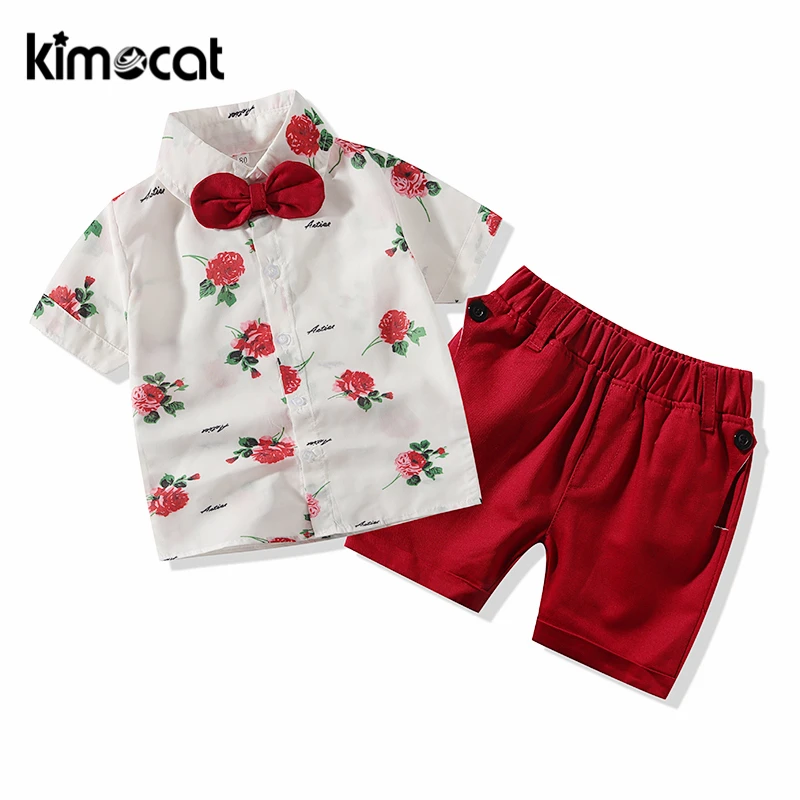 

Kimocat Summer Baby Boy Clothes Short Sleeve Handsome Gentleman Red Rose Printing Boys Clothing Set Shirt+Pant Toddler Boy Cloth