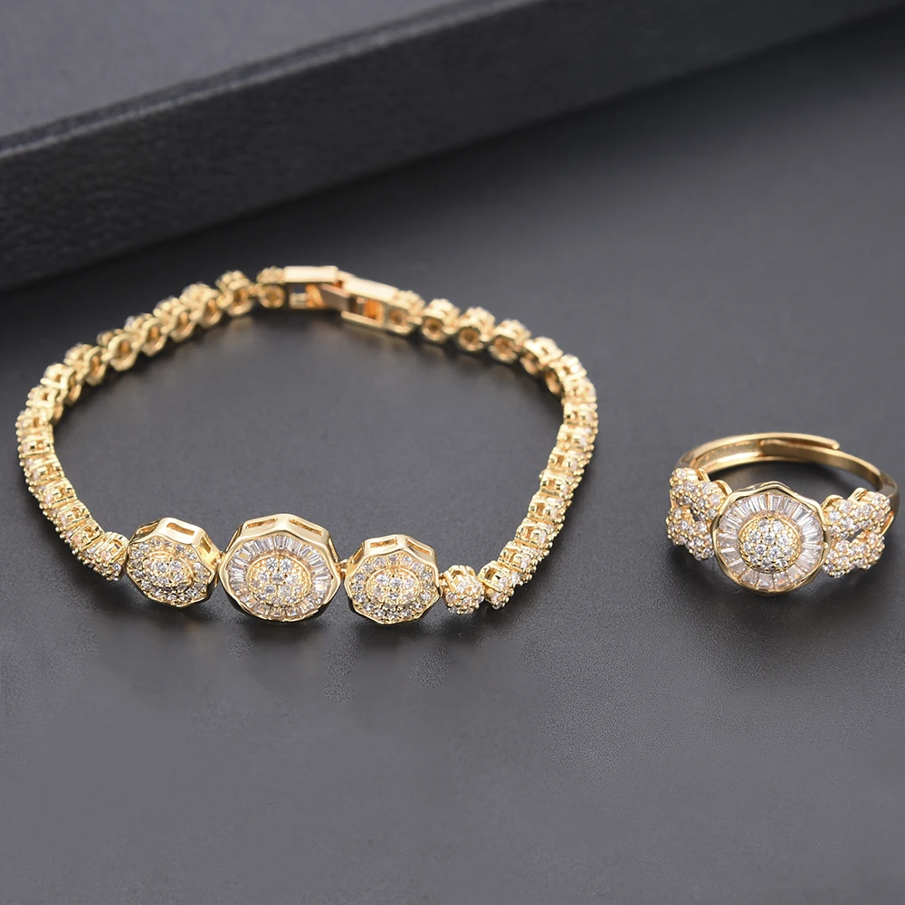 

4 pcs Trendy Women wedding jewelry sets Cubic Zirconia Dubai Indian Necklace Earrings set Bangle Ring parure bijoux femme