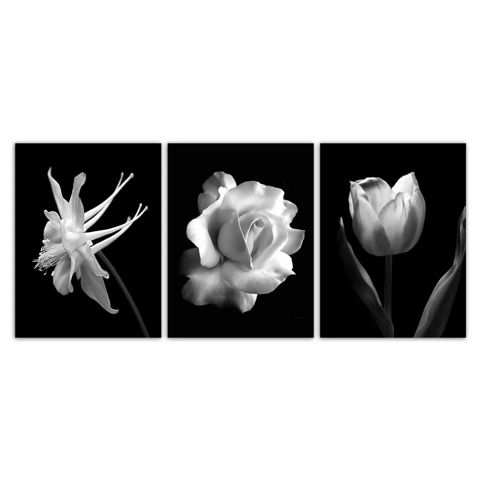 Скандинавский черный белый абстрактный цветок в цвету плакат Холст Искусство