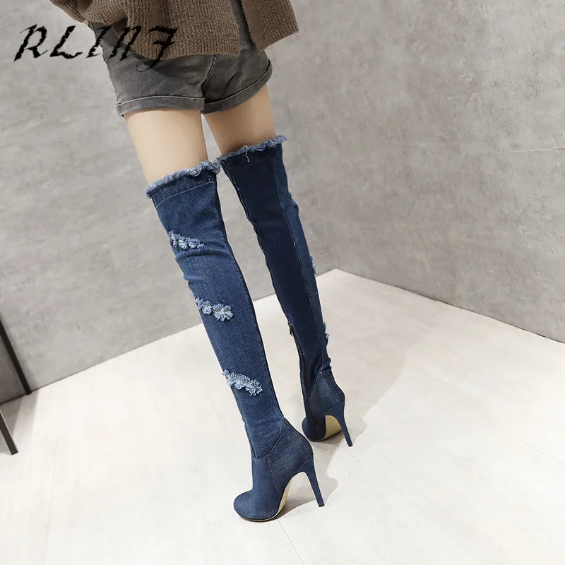 RLINF/Сапоги выше колена с острым носком на высоком каблуке шпильке обтягивающие