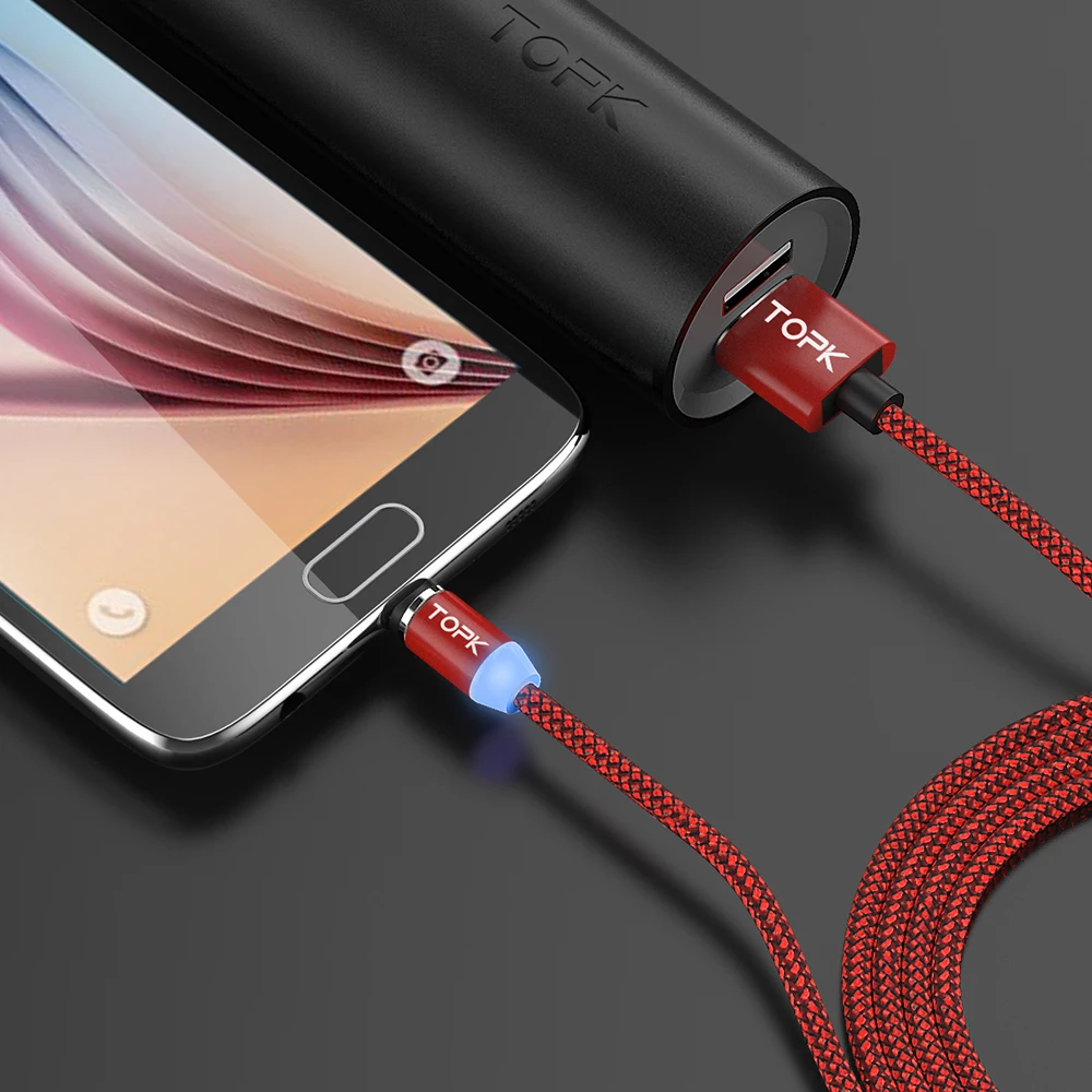 Магнитный кабель TOPK R-Line со светодиодной подсветкой Micro USB и Type-C зарядный для iPhone X 8
