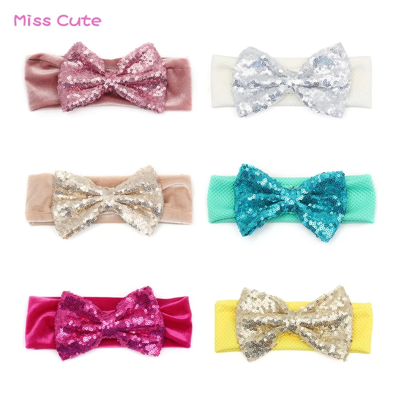 2018 New Cute Velvet Baby Headband Big Sequin Hair Bow Solid Turban Elastic Headbands Kids Glitter Large Accessories | Детская одежда и
