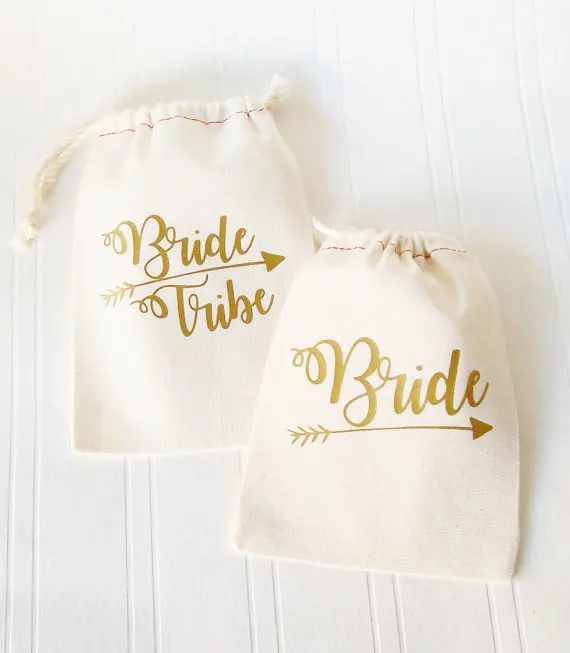 

custom gold Bride Tribe bridal shower party pouches wedding favor gift Muslin bags Bachelorette Hangover recovery Survival kit