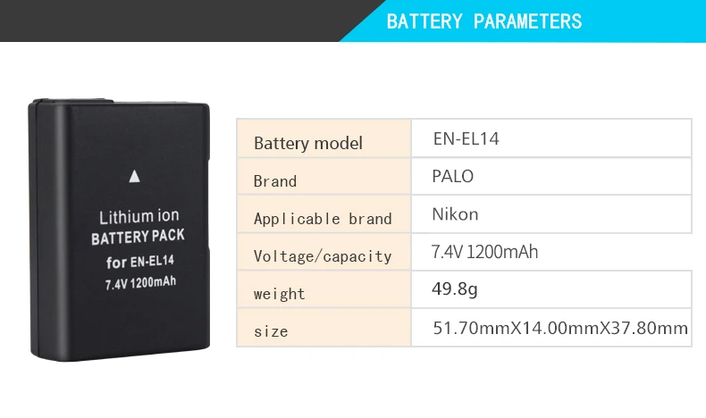PALO 7,4 V 1200 мА/ч, EN-EL14 батареи ENEL14 RU EL14 Камера Батарея пакет для Nikon D5200 D3100 D3200 D5100 P7000 P7100 MH-24