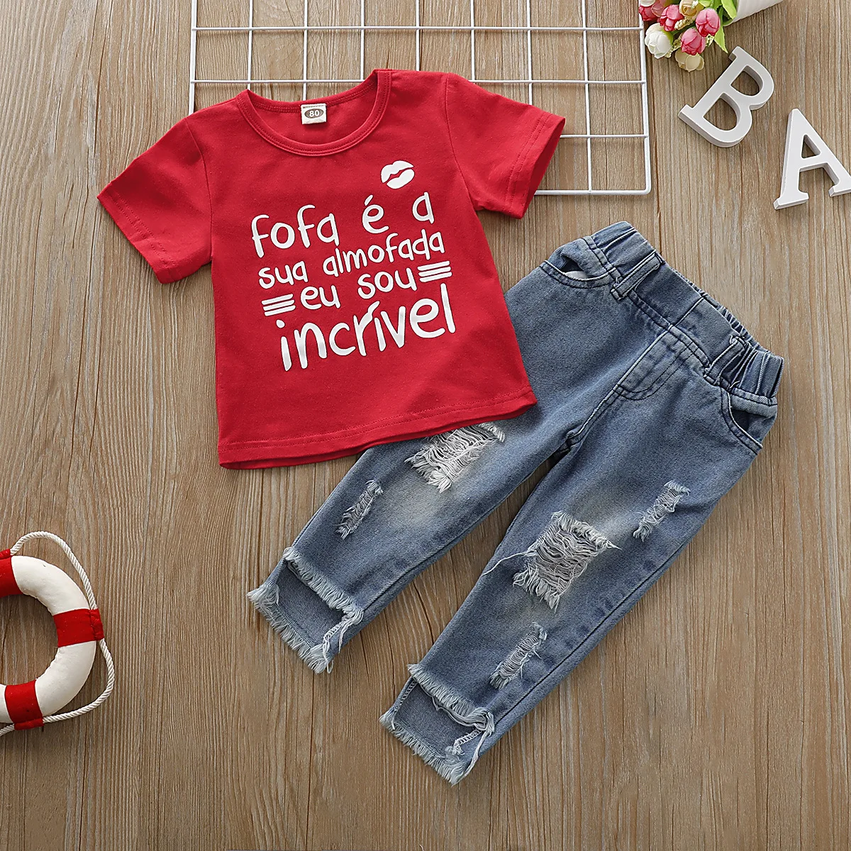 2PCS Toddler Baby Girls Clothing Summer Cool Kids Letter Printed T Shirt Tops+Ripped Denim Jeans Pants Outfits Set|Комплекты одежды