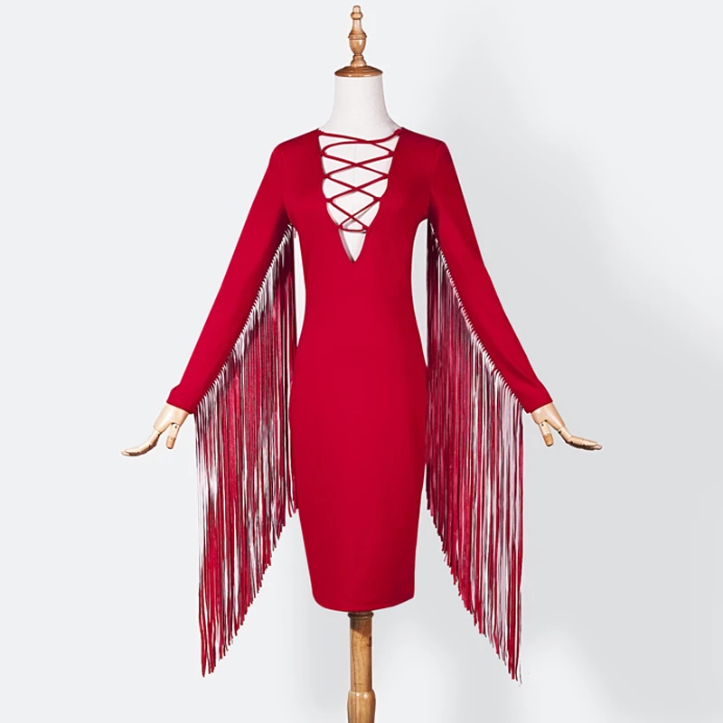 INDRESSME Красное Облегающее платье средней длины с длинным рукавом бахромой и