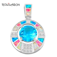 rolilason high quality fantastic color fire opal silver stamped blue zircon fashion jewelry necklace pendants for women ops612