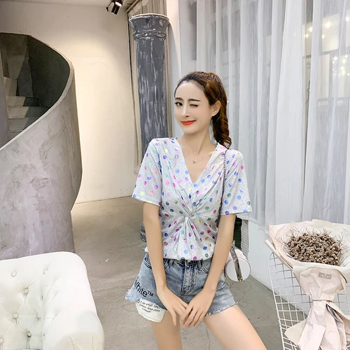 Super temperament polka dot short sleeve sparkling grey silver v-neck shirt super tight blouse |
