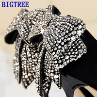 bigtree sweet crystal butterfly knot women pumps solid flock fashion shallow high heels shoes womens party shoe pointed toe
