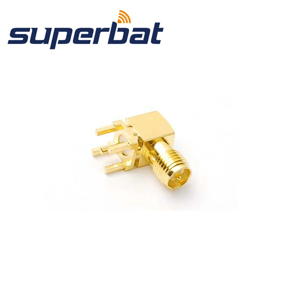 Superbat 10pcs RP-SMA Connector thru hole Female(male pin) Right Angle PCB Mount with Solder Post