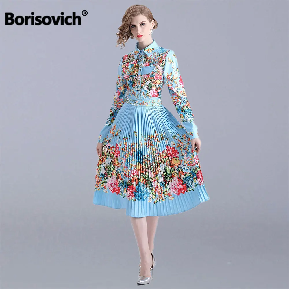 Borisovich женское элегантное вечернее платье, новинка, модное платье с отложным воротником и цветочным принтом, ТРАПЕЦИЕВИДНОЕ женское Плиссированное длинное платье N1405