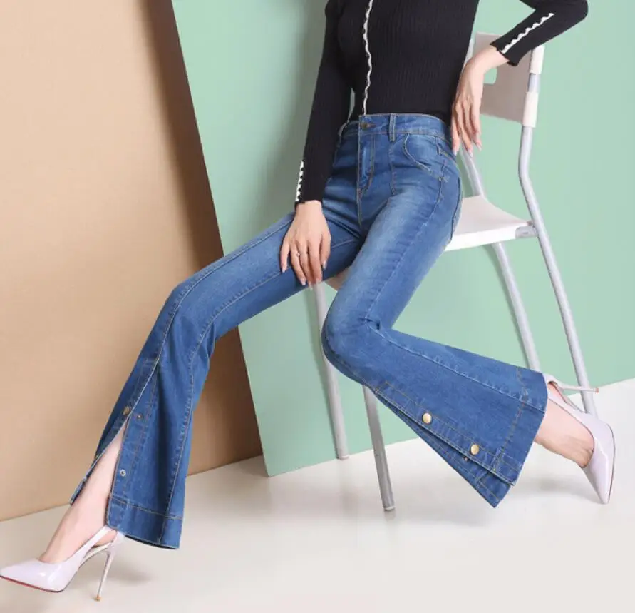 2019 Spring and Autumn new women's high waist flare jeans slim split trumpet trousers denim pants plus size r1477 |