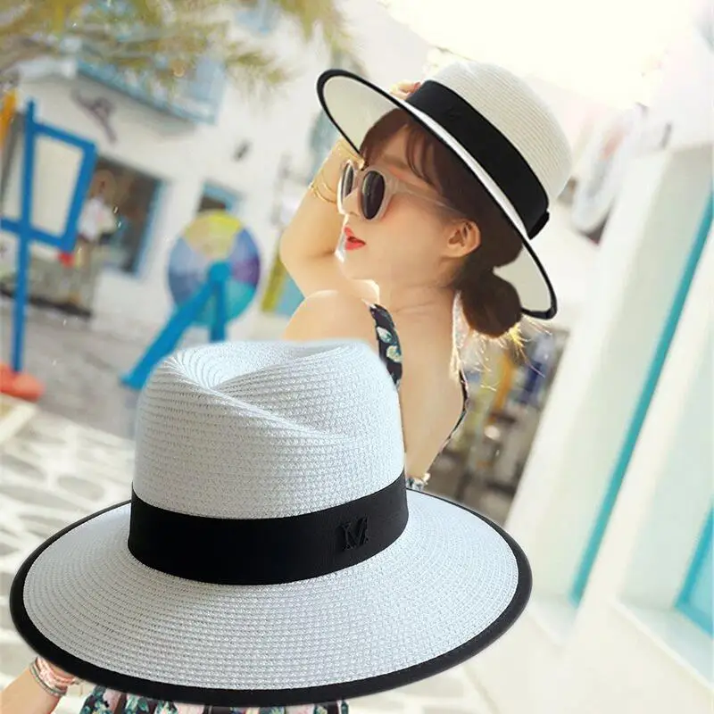 Шляпа женская Соломенная с широкими полями и надписью M Пляжная Панама защитой от