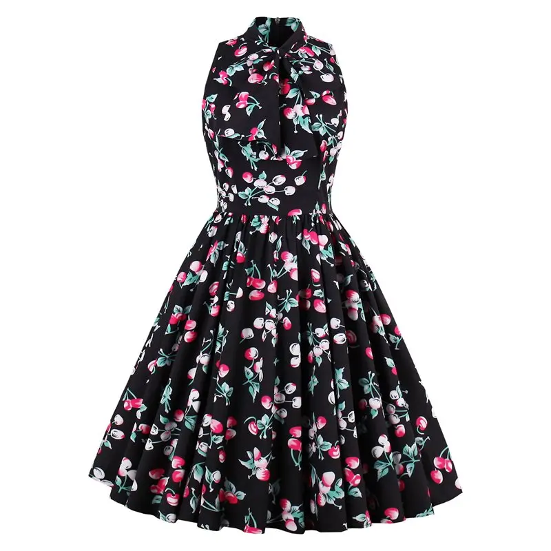 Женское винтажное платье средней длины с цветочным принтом черное большого