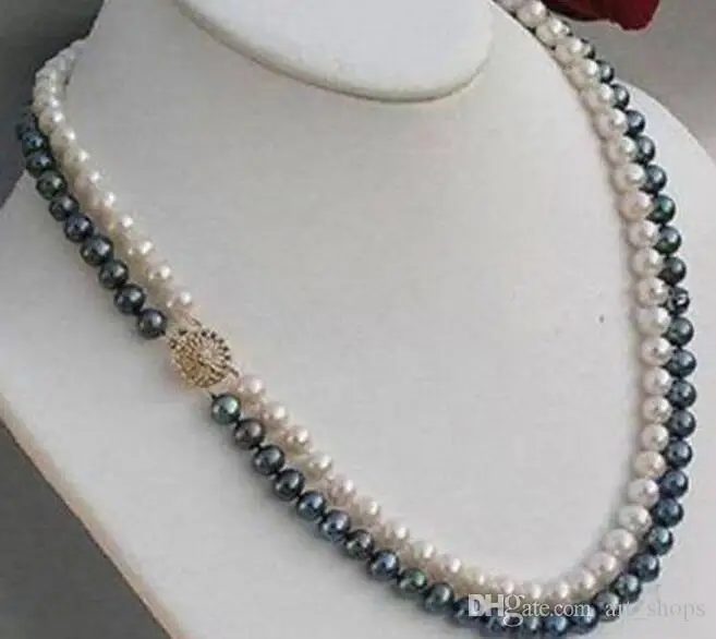 

FFREE SHIPPING** 2Rows 8-9mm Genuine Natural Black & White Akoya Cultured Pearl Necklace