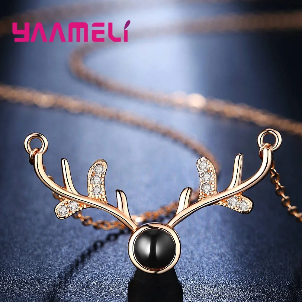 

Women Fashion 925 Sterling Silver Necklace For Birthday Party Gift Delicate Deer Horn Antler Pendant Necklace Girl Chain Jewelry