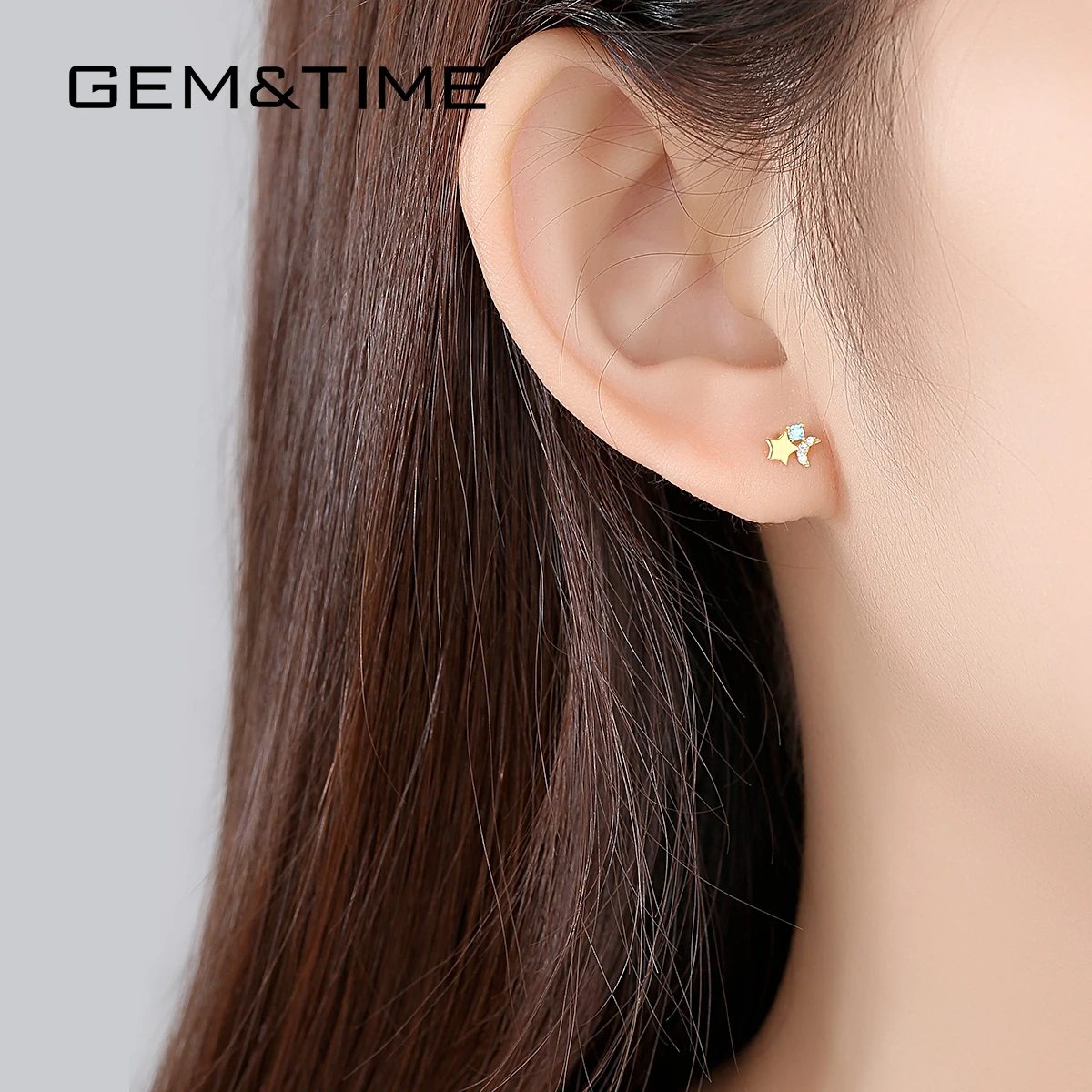Gem& Time, аквамарин, Луна и звезда, серьги-гвоздики для женщин, чистое 14 к желтое золото, ювелирное изделие, Букле д 'Орель, бижутерия En Or Pur E14096