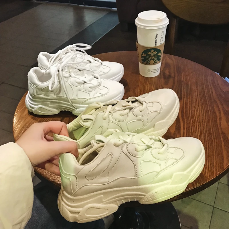 Женские кроссовки в стиле Харадзюку простые однотонные из кокоса весна 2019|Обувь