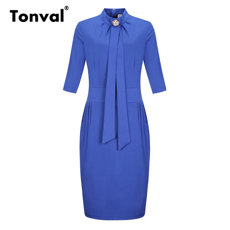 Tonval 6XL офисное платье красного размера плюс миди элегантные Стразы стоячий воротник рабочие платья женские осенние платья карандаш