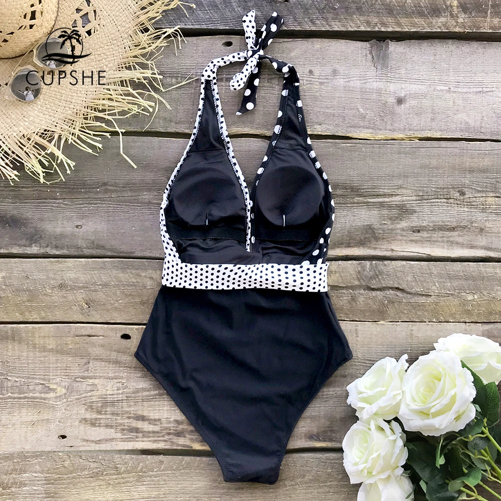 CUPSHE черный и белый горошек с поясом через шею Цельный купальник 2020 женский