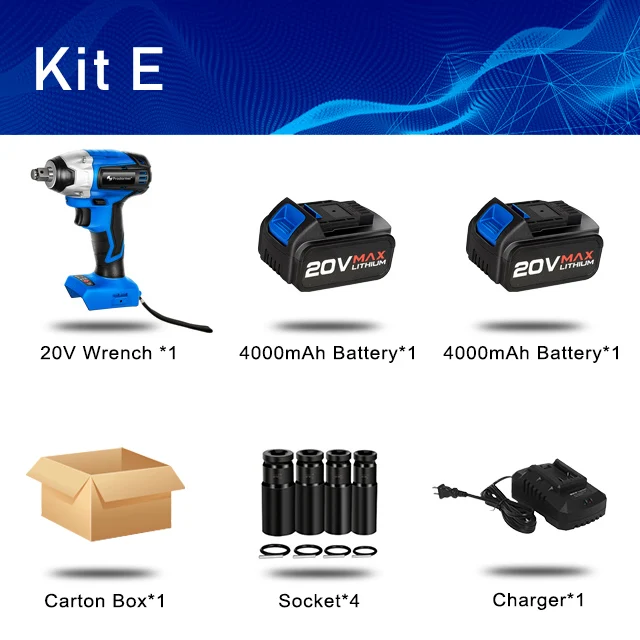Prostoemer 20V Аккумуляторный ударный ключ, дюймовый стандарт торцевой гаечный ключ Burshless 260NM максимальный крутящий момент с отделкой кристаллами адаптер 4000 мА/ч, Батарея ключ, дюймовый стандарт - Цвет: Kit E