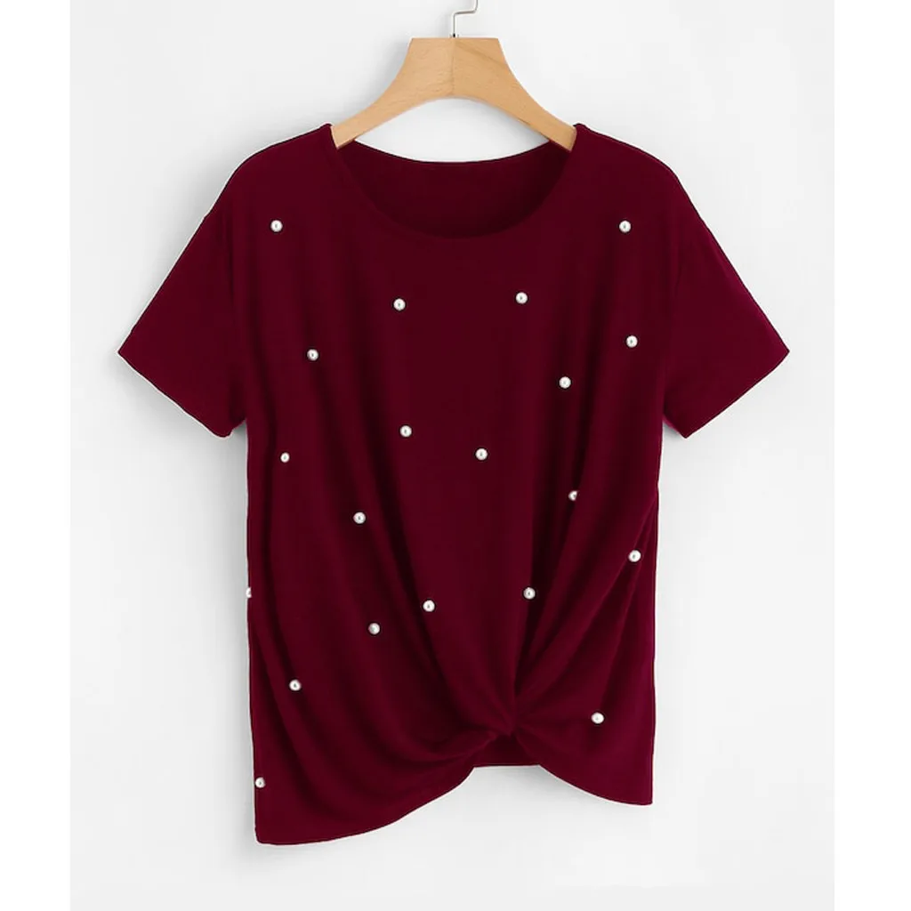 Женская футболка с коротким рукавом и круглым вырезом украшенная